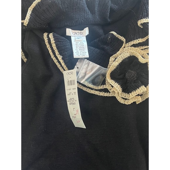 Vintage Cache Black Knit Top Silk Ruffle Rosette‎ Flower Gold Y2K NWT L Sabrina - Picture 4 of 14
